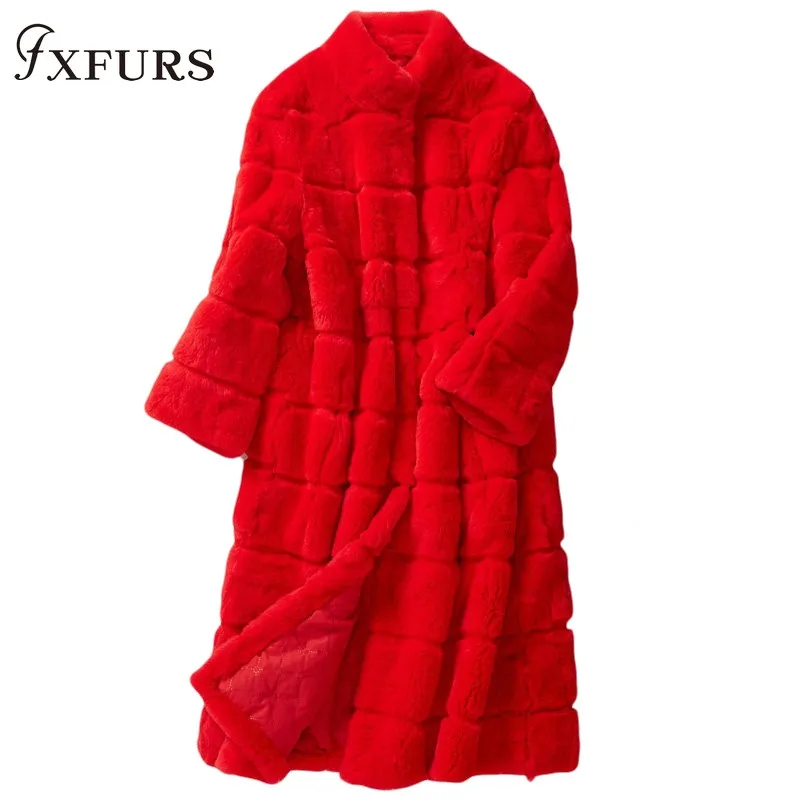 

2019 Real Fur Coat Winter Jacket Women Natural Rex Rabbit Fur Thick Warm Stand Collar Three Quarter Sleeve Streetwear