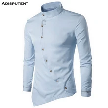 Adisputent, стоячий воротник, длинный рукав, вышивка, мужская рубашка, повседневная Асимметричная рубашка, подходит для мужчин, хлопок, Ретро стиль, рубашка, camisa hombre