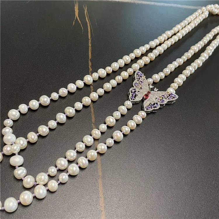 30-32'' 2 Strands White Round Pearl Purple Butterfly CZ Connector Long Necklace