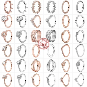 Anillos finos de plata 925 para mujer, Serie de oro rosa, corazón, cuadrado, circonita, anillo redondo brillante para mujer, joyería de encanto, aniversario