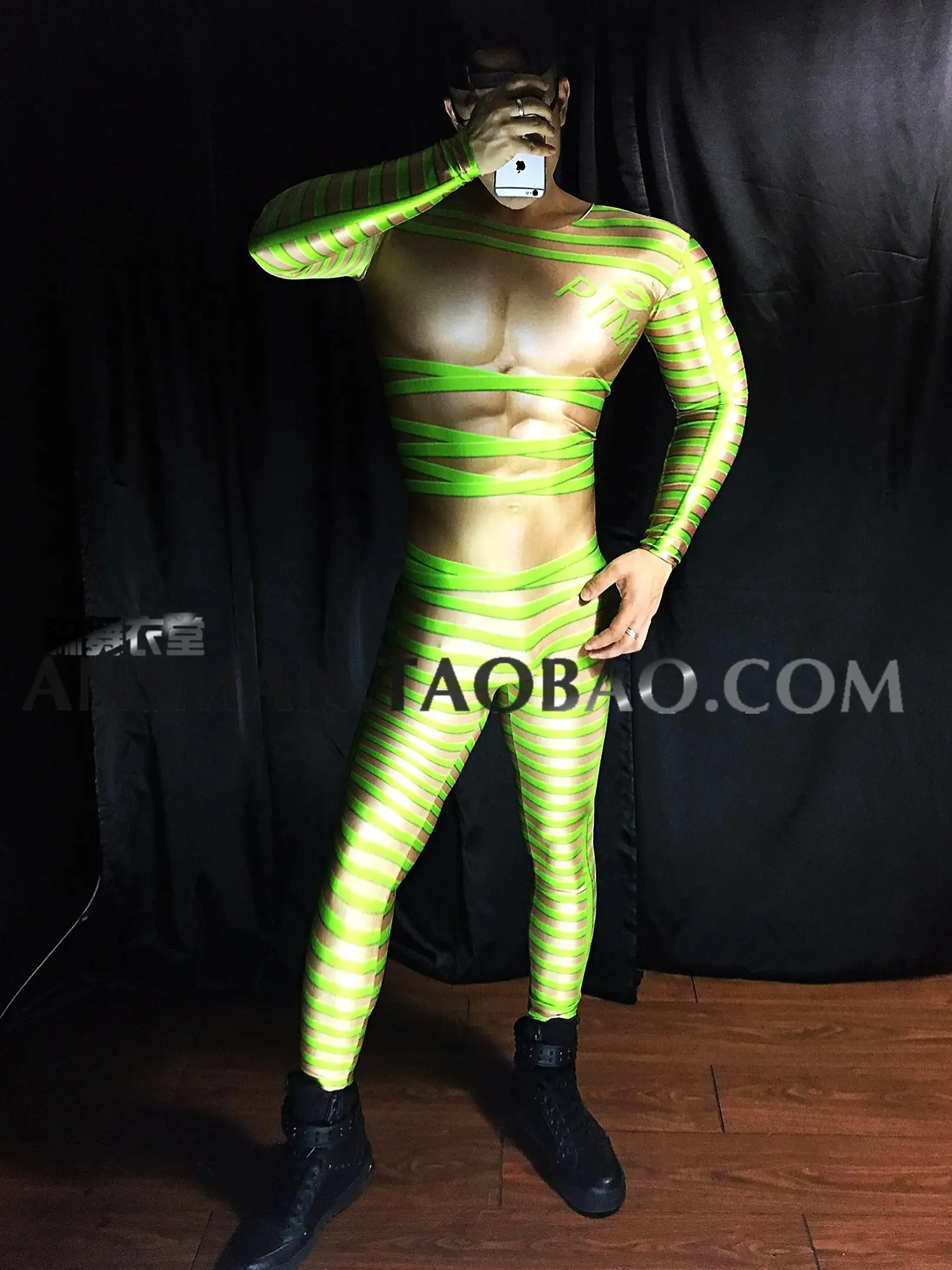 

Бар, ночной клуб, мужской певец, флуоресцентный зеленый 3D комплект, имитация мышц брюшного пресса, цельные костюмы для вечеринки, оргазм, вечеринка