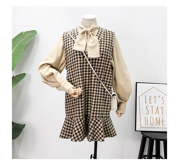 Mooirue осенний спортивный костюм для женщин лук с длинным рукавом Блузка рубашка+ Винтаж плед оборками платье на бретелях уличная Корейская 2 шт. наряды