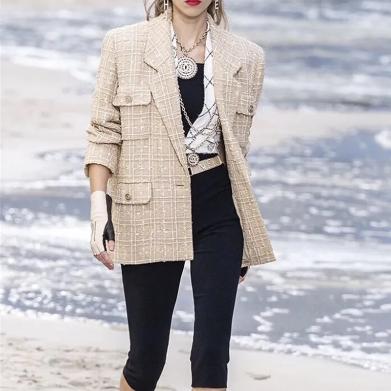 

Vintage Golden Single-Button Tweed Jacket Coat 2019 Autumn Winter Fashion Pockets Plaid Ladies Outerwear Casual Casaco Femme