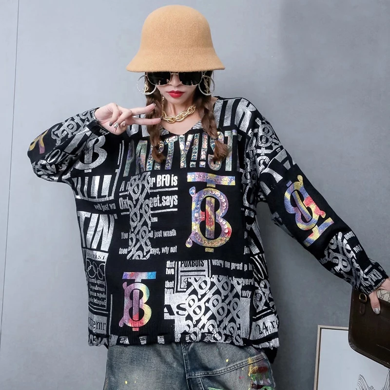 

Winter Women's Sweaters 2020 Europe Style Letter Bronzing Print Sweater V Neck Pullover Sequin Match All Oversized Fashion Tide