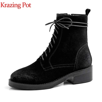 

Krazing pot genuine leather cow suede winter season round toe med heels vacation lace up French lazy design punk ankle boots l46