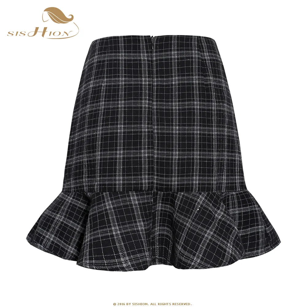 SISHION винтажная клетчатая юбка VD1238 женская черная мини-юбка с рюшами
