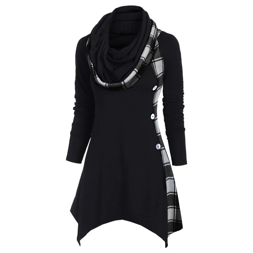 

Long Women Irregular Hem Waist Sweatshirts Plaid Convertible Neck Mock Hoodie Plus Size Button Sweatshirt Pullover mit Kapuze