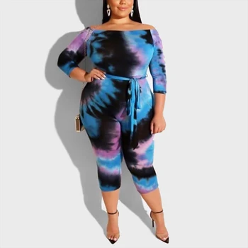 

Autumn and winter plus size women's one-shoulder tie-dyed printed tight-fitting sexy jumpsuit with belt