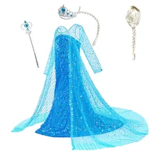 Платье Эльзы, парик для девочек, детский Рождественский костюм Снежной Королевы 2, костюм Эльзы, Детская праздничная одежда синего цвета, Аксессуары для париков