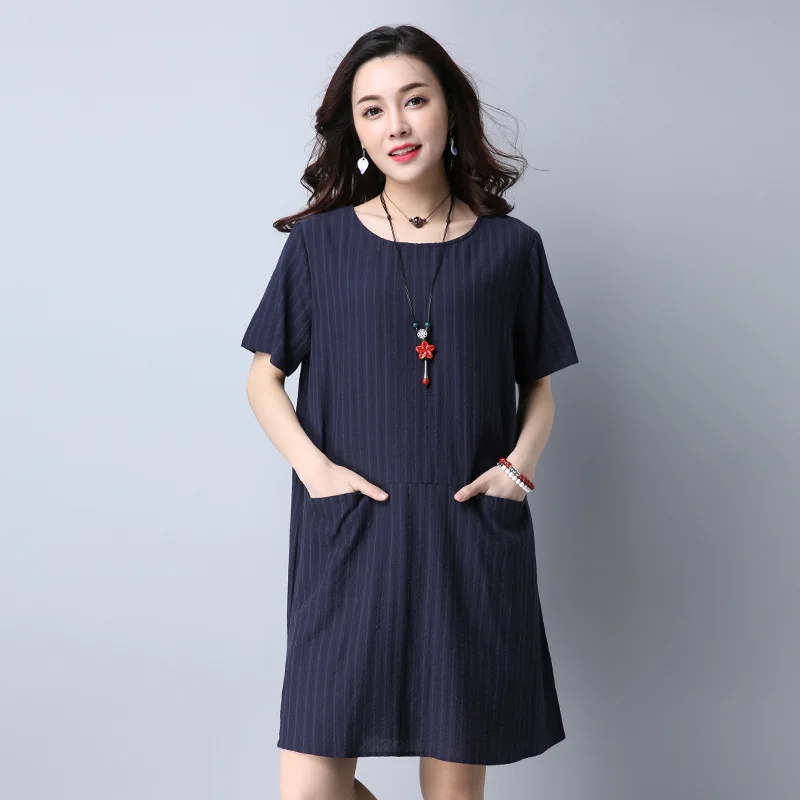 

2019 Summer New Style Large Size Dress Loose-Fit Versatile Mid-length Striped Dress