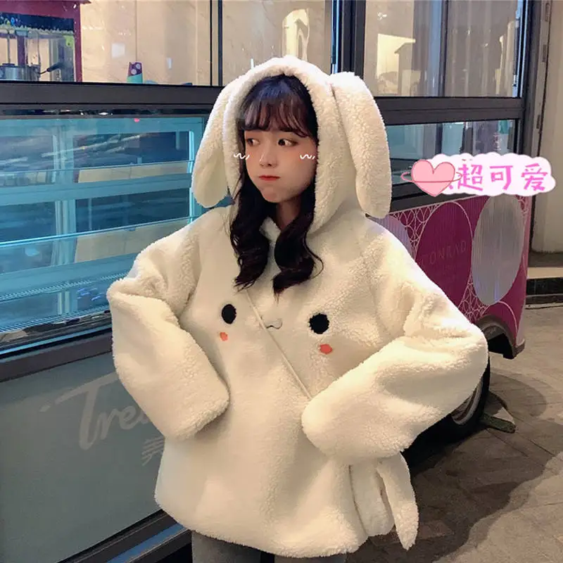 2020 Kawaii женские толстовки с ушками белый розовый свободная теплая толстовка Милая