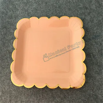 

24pcs Blush Pink & Gold Paper Plates Scalloped Foil Square 23cm Dinner Plates Wedding Bridal Shower/Bachelorette Party Tableware
