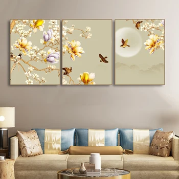 

Laeacco Canvas Painting Calligraphy Chinese Flower Bird Posters and Prints Wall Art Pictures for Living Room Wedding Decoration