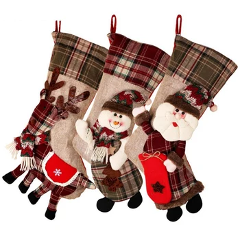 

Large Christmas Stocking Sock Plaid Gift Holder Christmas Tree Decoration New Year Gift Candy Bags