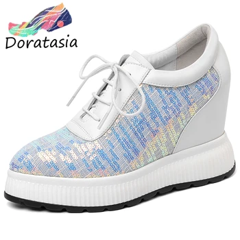 

DORATASIA Brand new ladies Genuine Leather pumps lace up mixed colors bling pumps women casual party platform shoes woman
