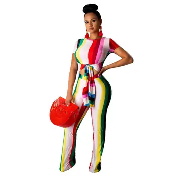 

Adogirl short sleeve rainbow stripe two pieces sets lady colorful bandage suits hollow out suits casual croptops and long pants