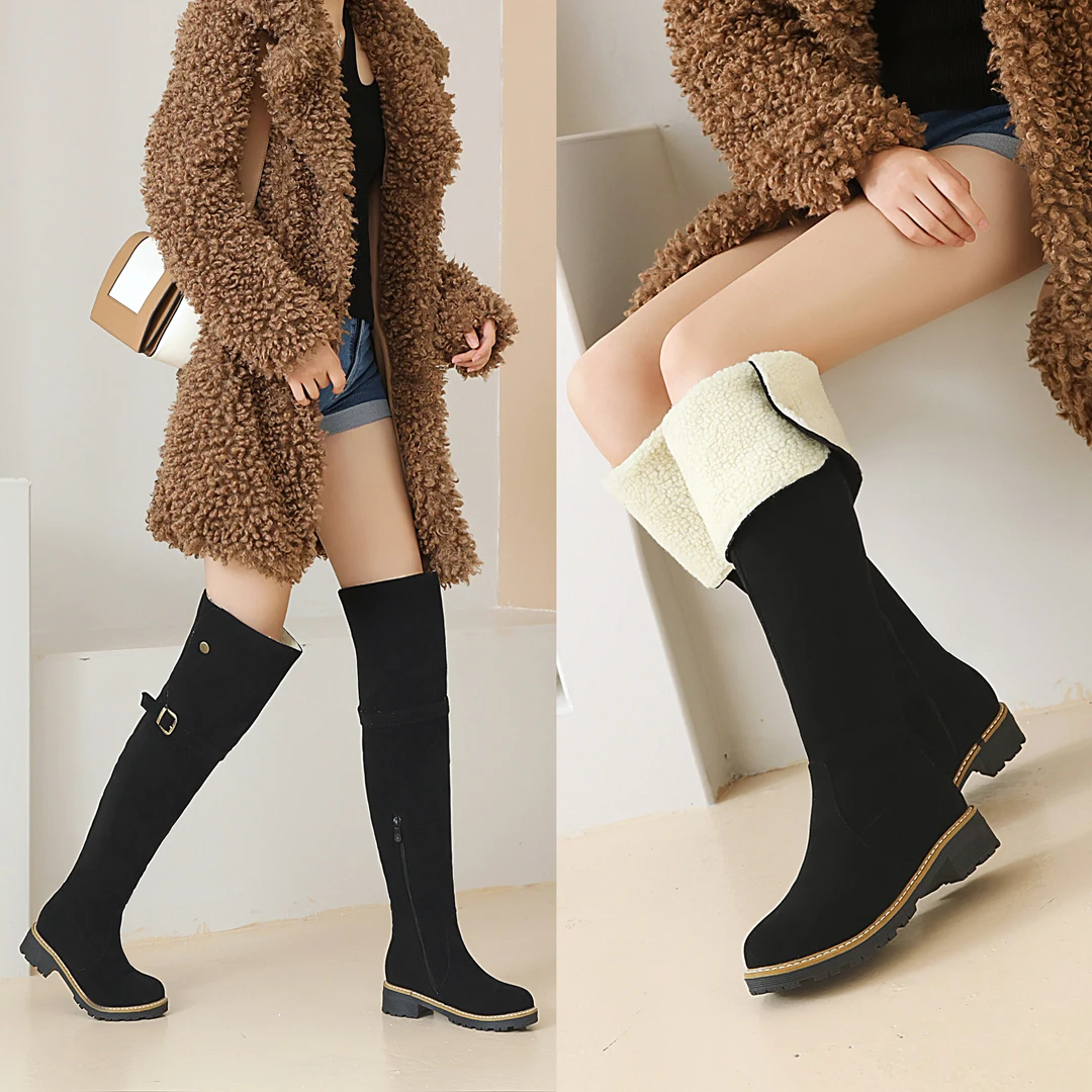 

Women over-the-knee boots plus size Matte leather + short plush lining warm Russian winter snow boots thigh high flat boots