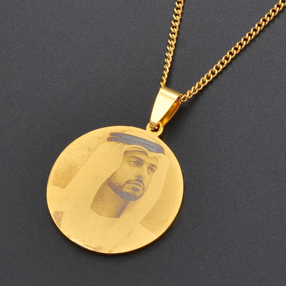 Anniyo Saudi Arabia Sheikh Zayed& Zayed bin Hamdan Pendant Necklaces Gold Color Stainless Steel Custom Portrait Jewelry#116121