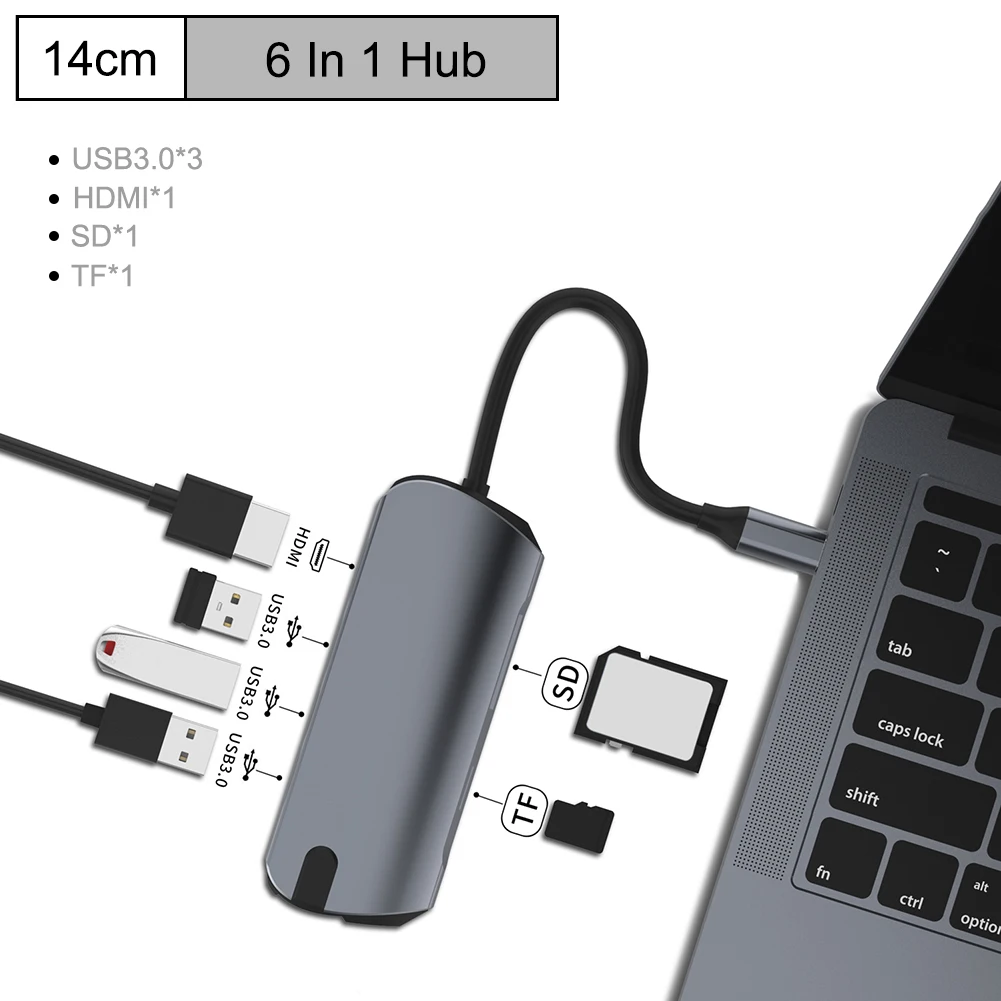 Type c концентратор для мульти-Хаба USB 3,0 HDMI 4 K/SD/TF кард-ридер/PD зарядка аудио/RJ45 адаптер для MacBook Pro type c usb-хаб - Цвет: 6-in-1