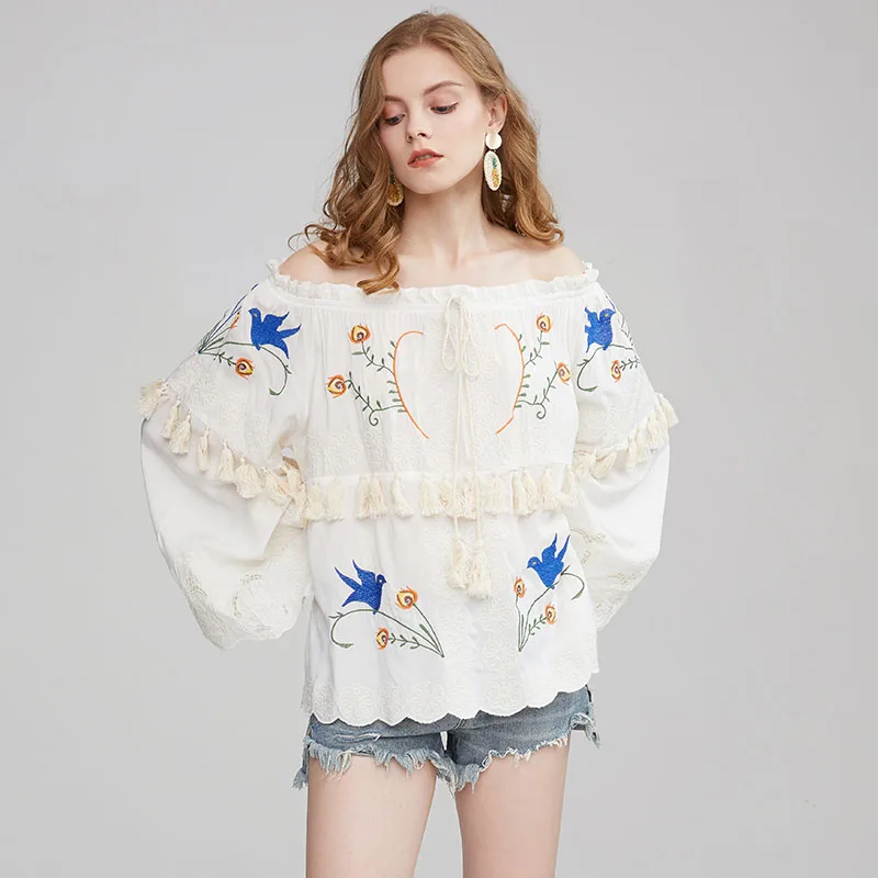 

Summer folk style tourism embroidery Bohemian beach one word collar exposed shoulder garment hollow design sexy versatile top