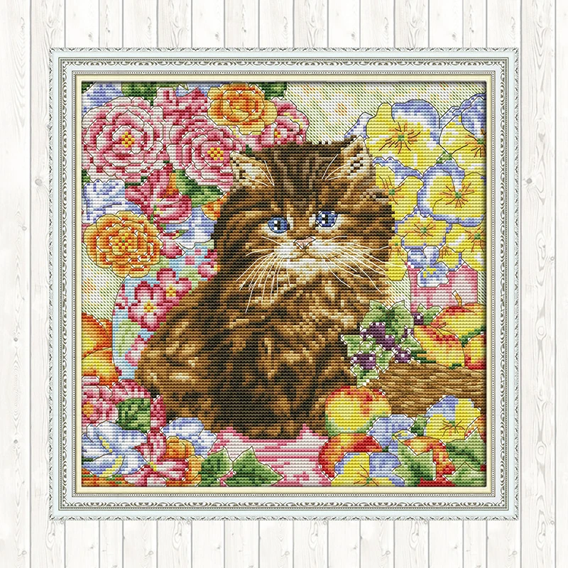 

Cat In The Flower Patterns Kits DIY Needlework Crafts Cotton Thread Embroidery Needlework Sets Cross Stitch Kits Wall Home Decor