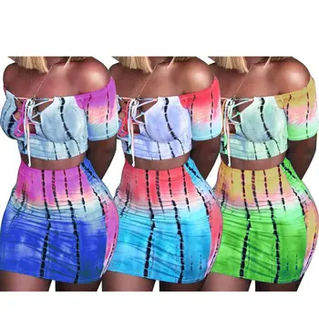 

Womens Plus Size Sexy Summer 2 Piece Outfits Tie-Dye Printed Off Shoulder Lace Up Crop Top Mini Bodycon Skirt Set Night Clubwear