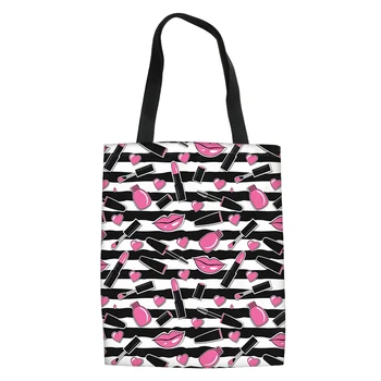 

THIKIN Ladies Handbags with Cartoon Pink Lipstick Mascara Print Women Daily Shopping Bags High Capacity Shoulder Bag Custom