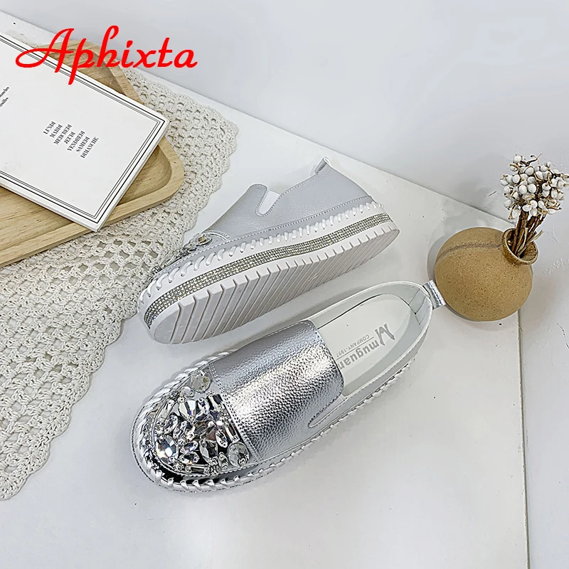 Women Shoes Casual Shoes Women Flats Aphixta Crystals Round Toe Leather Flats Shoes Women Silver Bling Loafers Couple Platform Shoes Woman Flat With Students Size 43