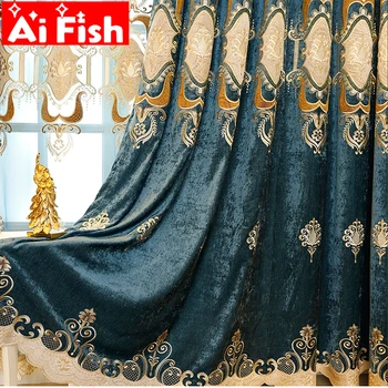 

European style Blue Velvet Luxury Elegant Floral Curtains For Living Room Thick Shading Chenille Window Screen Curtain MY005#5