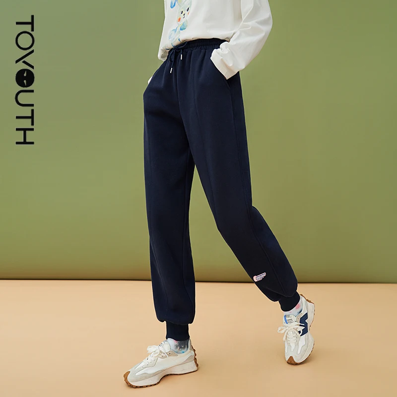 

Toyouth Women Sweatpants Winter Basic Trousers Solid Gray Dark Bllue Cotton Lined Casual Chic Sports Pants
