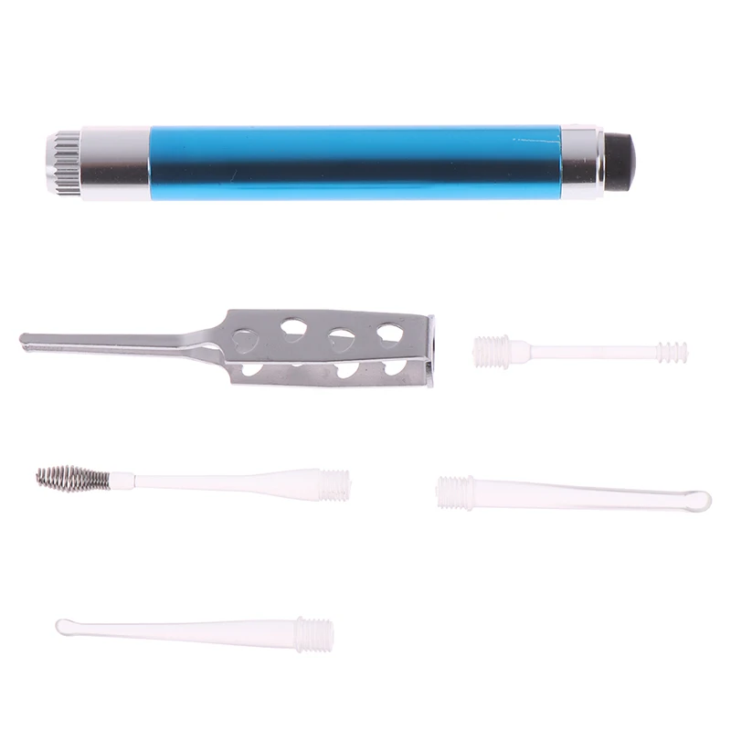Blue 5in1 Ear Cleaner LED Flashlight Ear Wax Earwax Spoon Removal Tool Soft Silicone Spoon Earpick Ear Care Tool Earpick Cleaning - Color: Blue