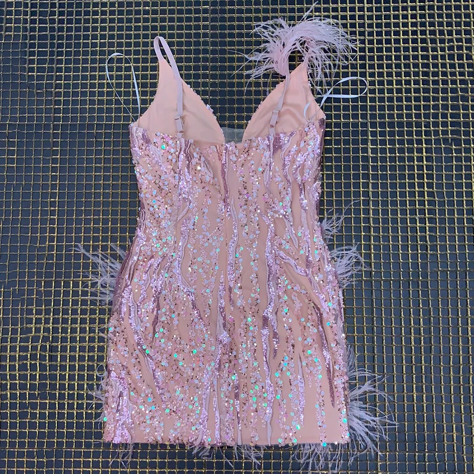 Big Promo 9Lxo3 Ailigou 2020 New Summer High Quality Pink Mini Sequin Feather V neck Fashion Skinny Dress Nightclub Party Skinny Dress Big Promo 9Lxo3 Ailigou 2020 New Summer High Quality Pink Mini Sequin Feather V neck Fashion Skinny Dress Nightclub Party Skinny Dress