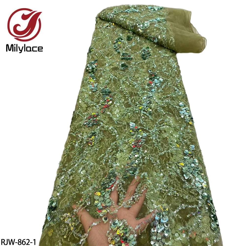 

African Sequins Lace Fabric Nigerian Beaded Lace Embroidery French Lace Fabrics for Wedding Evening Party Dress RJW-862