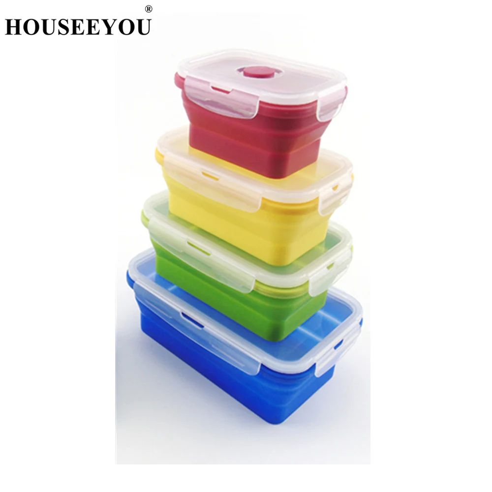 4Pcs Rectangle 4 шт./компл. Еда Класс силиконовый Коробки для обедов складной поднос контейнер Портативный складной Еда пикник коробка для хранения фруктов чехол - Цвет: 4Pcs Rectangle