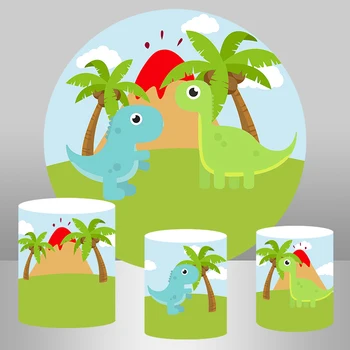 

Cartoon Dinosaur Party Round Backdrops for Photo Studio Green Grass Kids Baby Shower 1st Birthday Party Circle Poster