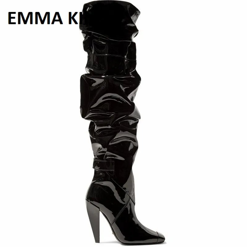 

2019 New 11cm High Heel Gladiator Boots Shiny Over The Knee Thigh High Boots Sexy Women Boots Black Patent Leather Long Boots