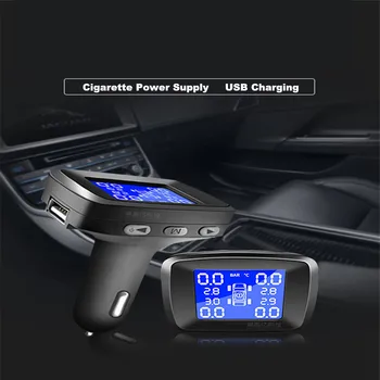 

Auto Wireless PMS Tire Pressure Sensor Tire Pressure Alarm Monitoring LCD System USB socket Cigarette Lighter show temperature