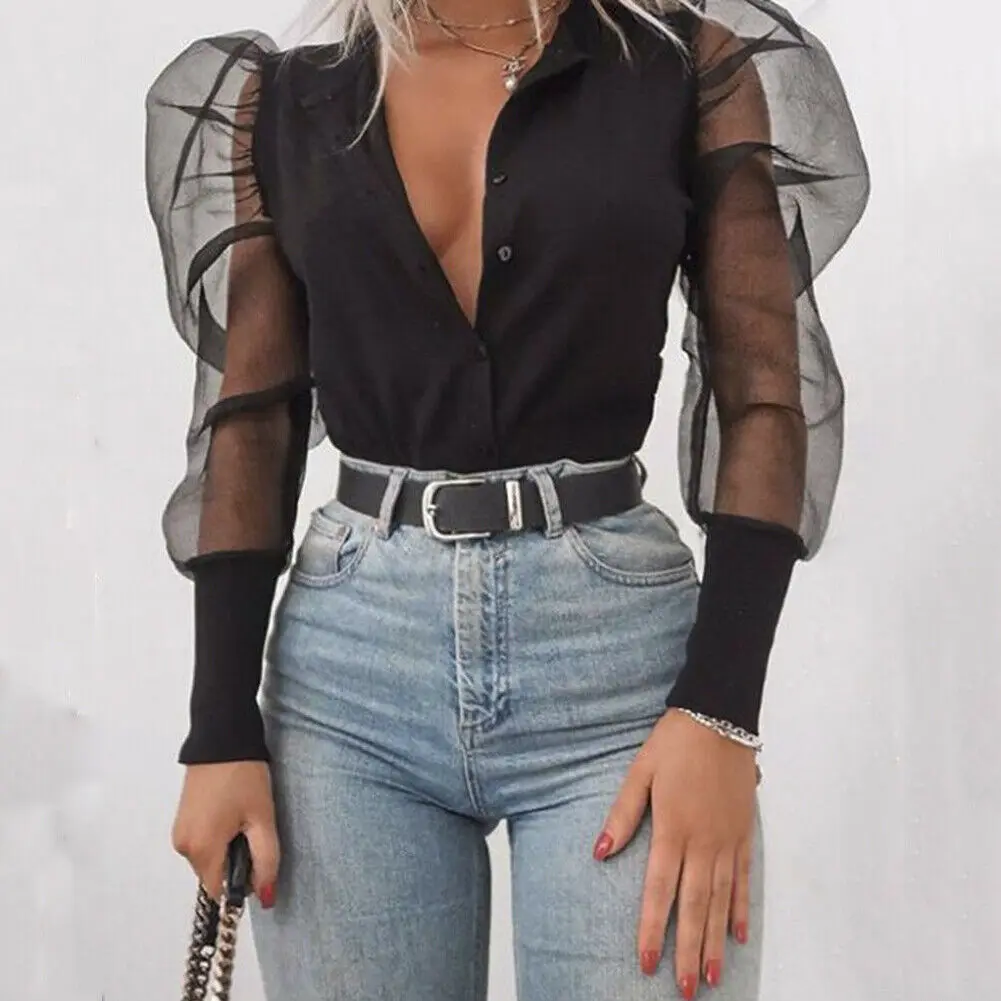 

Sexy Elegant Womens Button V Neck Tulle Ruffle See-through Shirt Ladies Casual Long Puff Patchwork Sleeve Tops Blouse