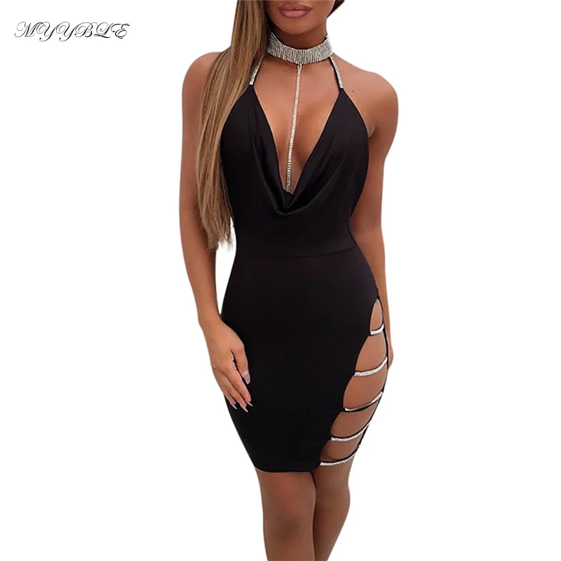  MYYBLE 2020 dress sexy v neck bandage dress bodycon Halter Backless mini party dress casual sleeveless vestidos Night dress