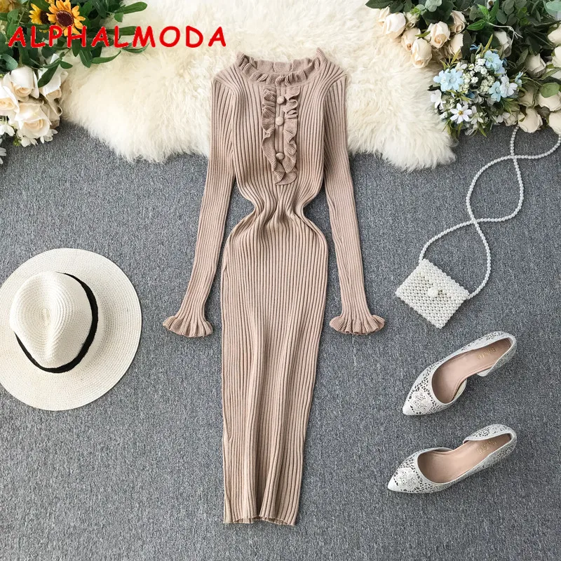 Женское винтажное платье ALPHALMODA приталенное трикотажное с оборками пуговицами и