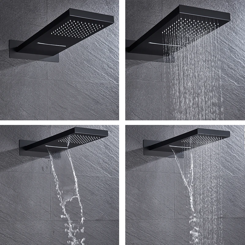 Matte Black Rain Waterfall Shower Set Thermostatic Mixer Bath Shower Mixer Tap 3 ways Faucet Wall Mounted