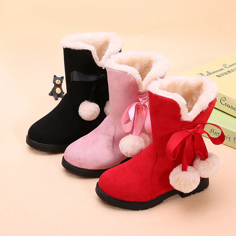 2023 Winter Girls Boots Warm Plush Children Snow Boots Kids Princess cotton shoes Girls Pink Red Black 4 5 6 7 8 9 10 11 12 13T