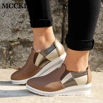 

Woman Autumn Flat Platform PU Slip On Casual Shoes Woman Elastic Band Thick Bottom Vulcanized Shoes Female Mixed Color Fashion