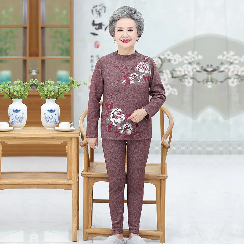 

Mom Winter Sweater Set 60-Year-Old 70 Middle Aged And Elderly People WOMEN'S Dress Autumn And Winter Thermal Underwear Brushed A