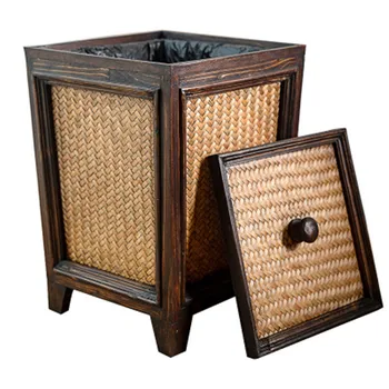 

Creative Thai-style Trash Can Retro Rattan Solid Wood With Lid Paper Basket Living Room Kitchen Tea Room Household Items A793