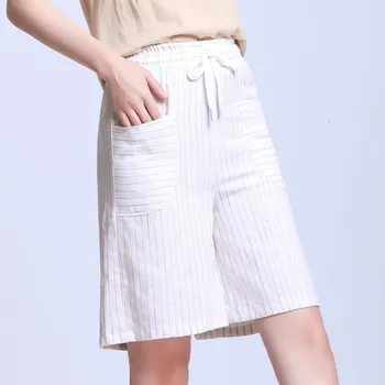 

Summer Causal Knee Length Cotton Linen Womens Striped Shorts Drawstring High Waist Slim Plus Size Spodenki Damskie Streetwear