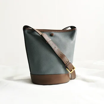 

New cowhide bucket bag shoulder bag messenger bag fashion casual leather female bag personality color matching tide bag