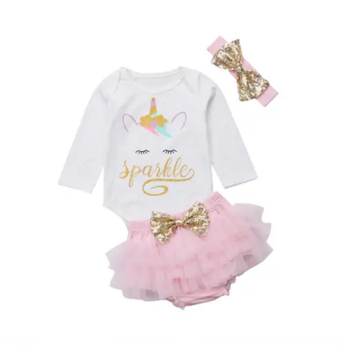 

3Pcs Unicorn Newborn Toddler Baby Girls Top Long Sleeve Romper+Shorts Skirt+ Sequin Bowknot Headband Outfit Clothes Sets