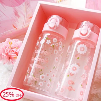

Summer pink cherry blossom glass water bottle sport crystal bounce cover flask portable adults kids baby sports drink bottles
