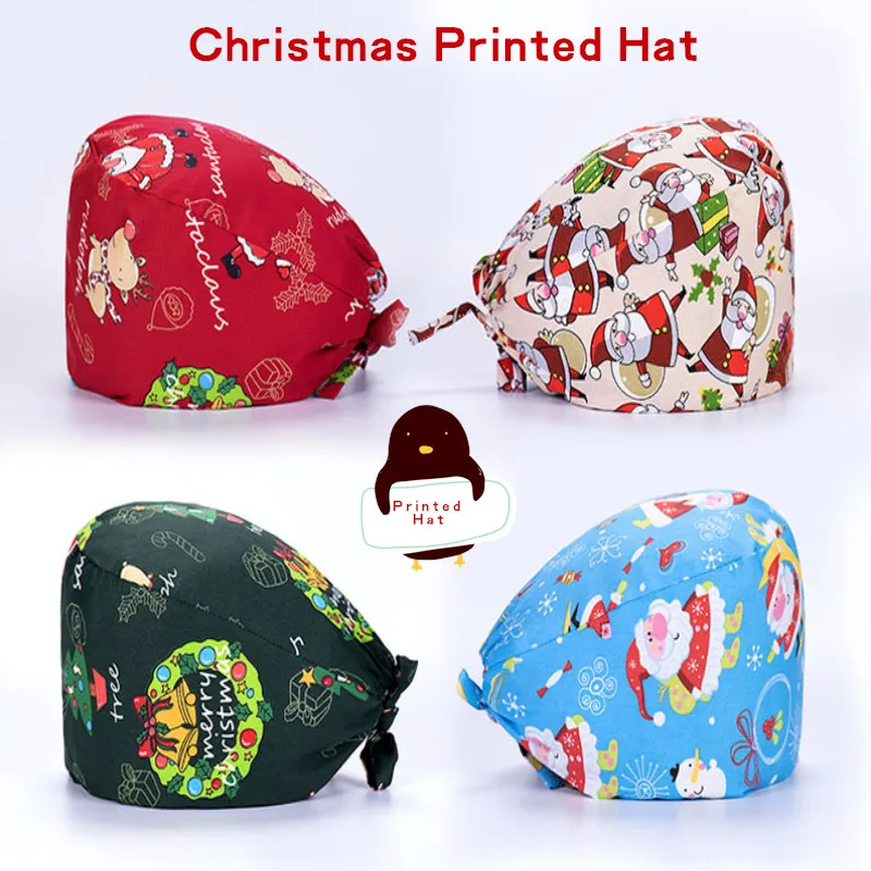 

Christmas Printed Cotton Adjustable Pet Work Hats Dust Cap Nursing Cap Elastic Beauty Hats Beauty Salon Baotou Hat Pet Scrubs